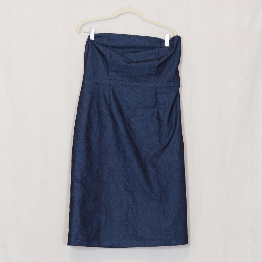 Dark denim strapless a-line midi dress